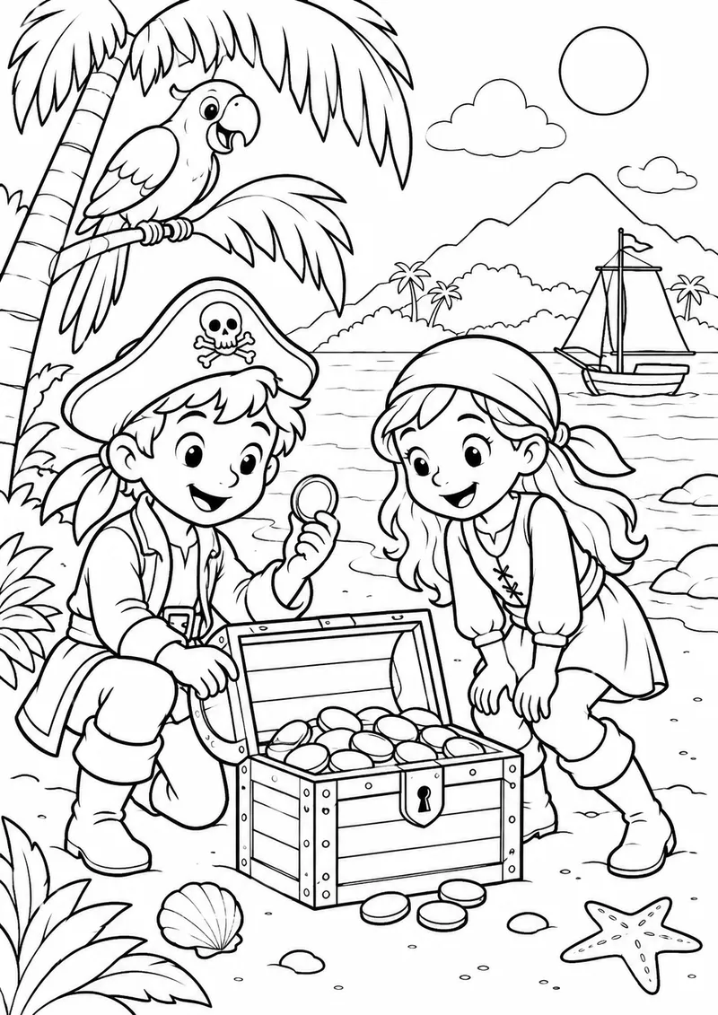 Piratas na ilha do tesouro para colorir