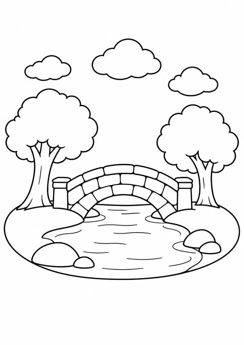 Ponte de pedra sobre riacho para colorir
