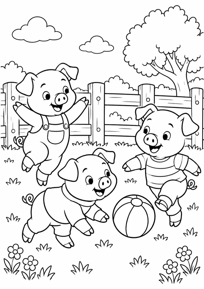 Porquinhos brincando junto a uma cerca para colorir