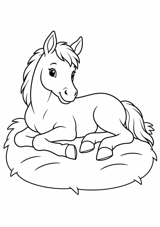 Potrinho deitado numa cama de palha para colorir