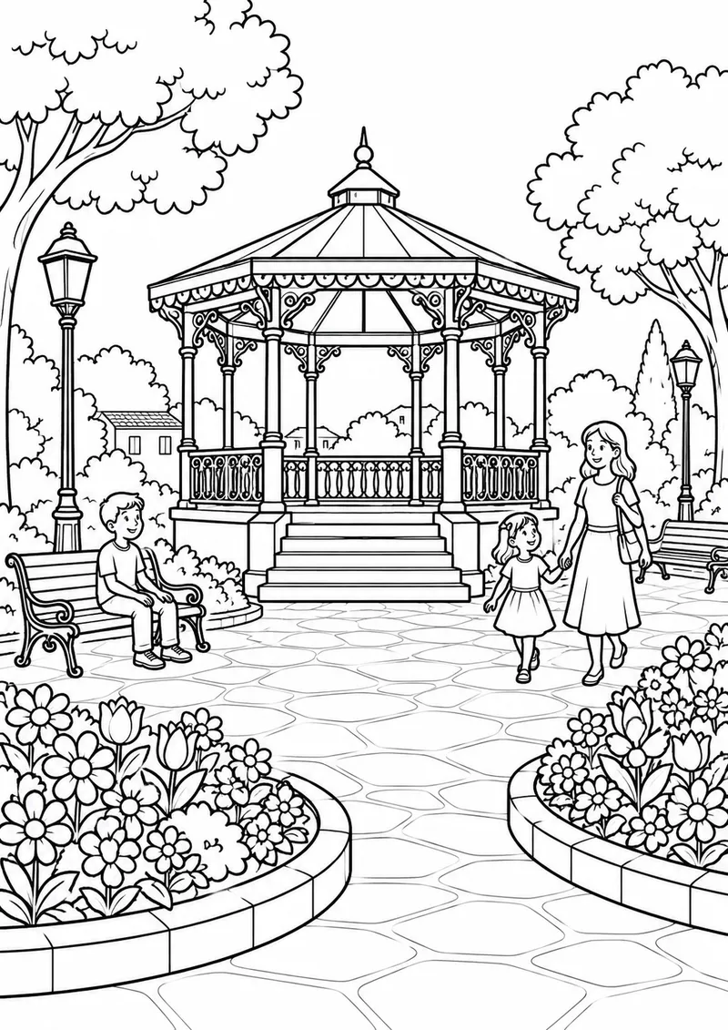Praça com coreto e canteiros de flores para colorir