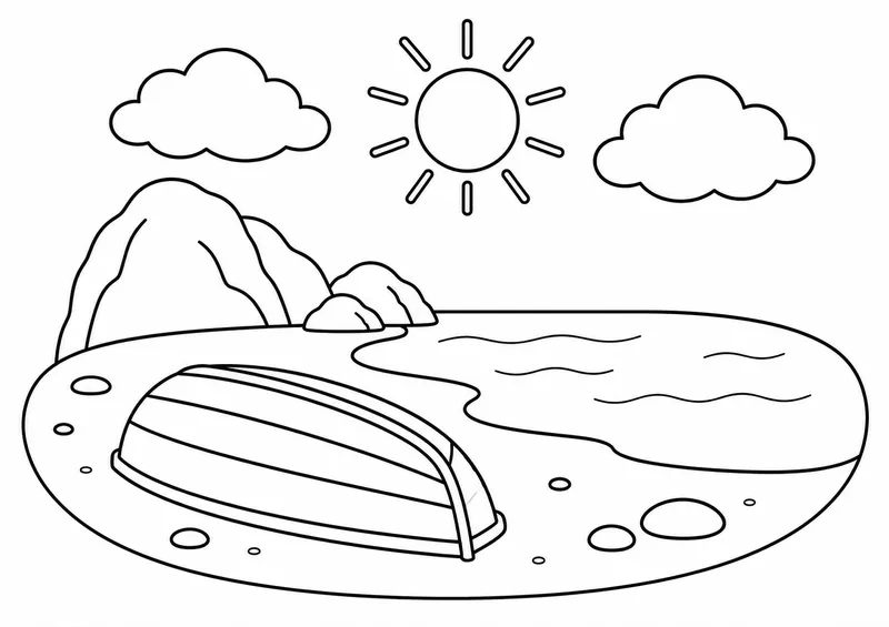 Praia com barco virado na areia para colorir