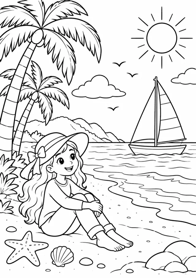 Praia com coqueiros e barco a vela para colorir