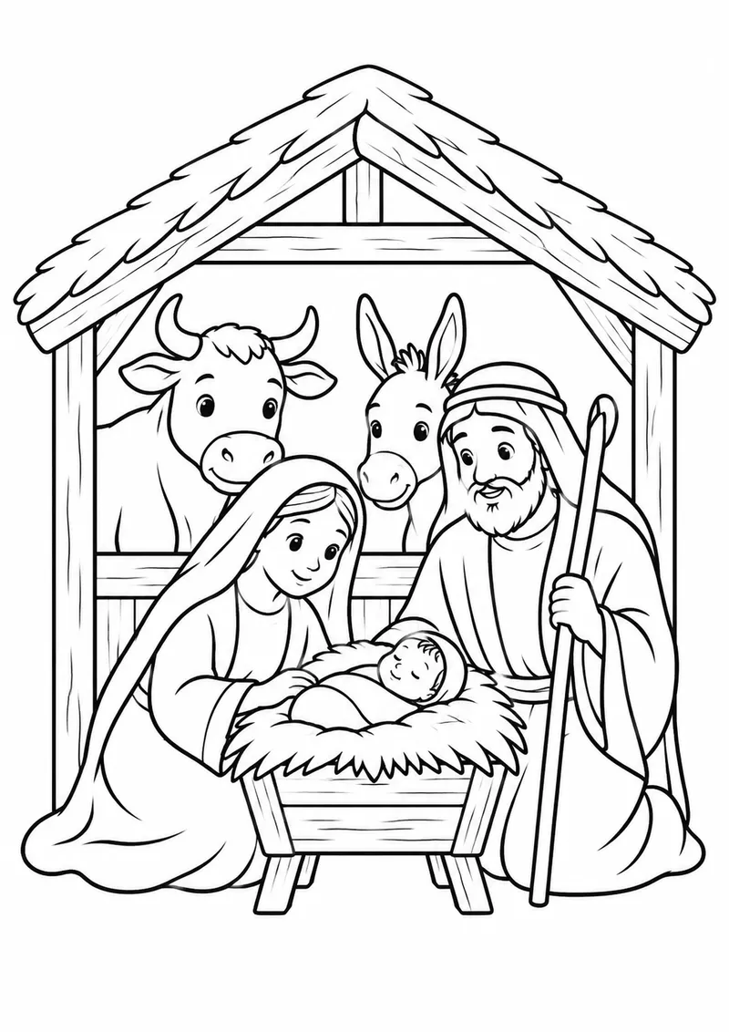 Presépio com boi e burrinho para colorir