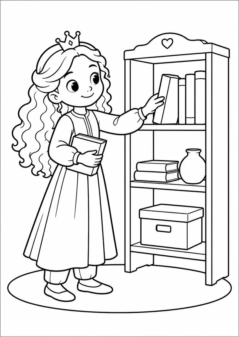 Princesa arrumando uma estante para colorir