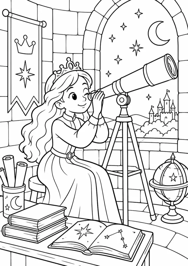 Princesa astrônoma na torre do castelo para colorir