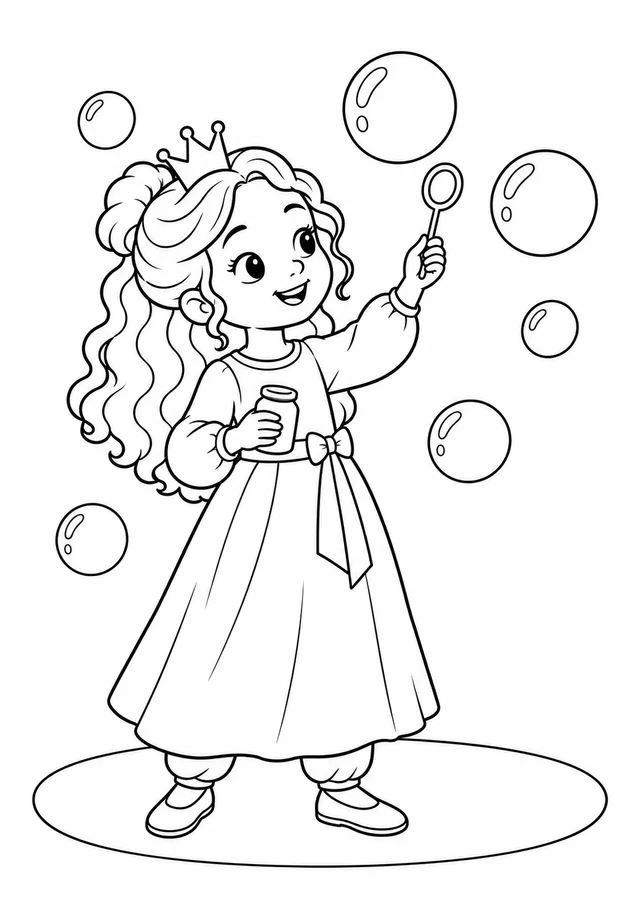 Princesa brincando com bolhas de sabão para colorir