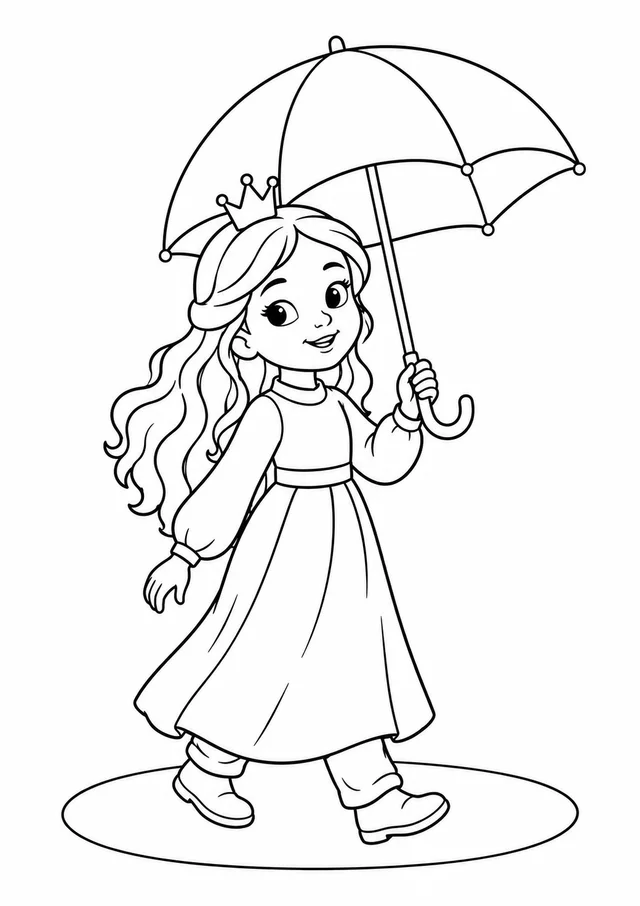 Princesa caminhando com guarda-chuva para colorir