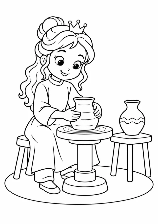 Princesa ceramista modelando um vaso para colorir