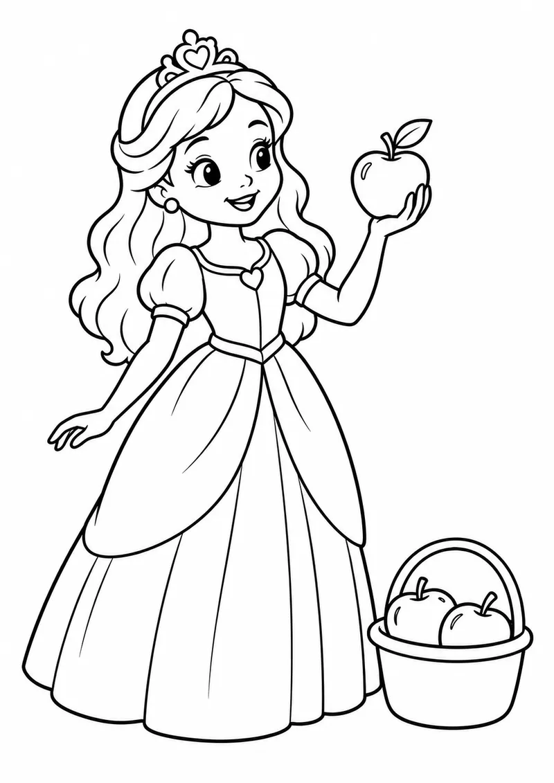 Princesa com uma cesta de maçãs para colorir