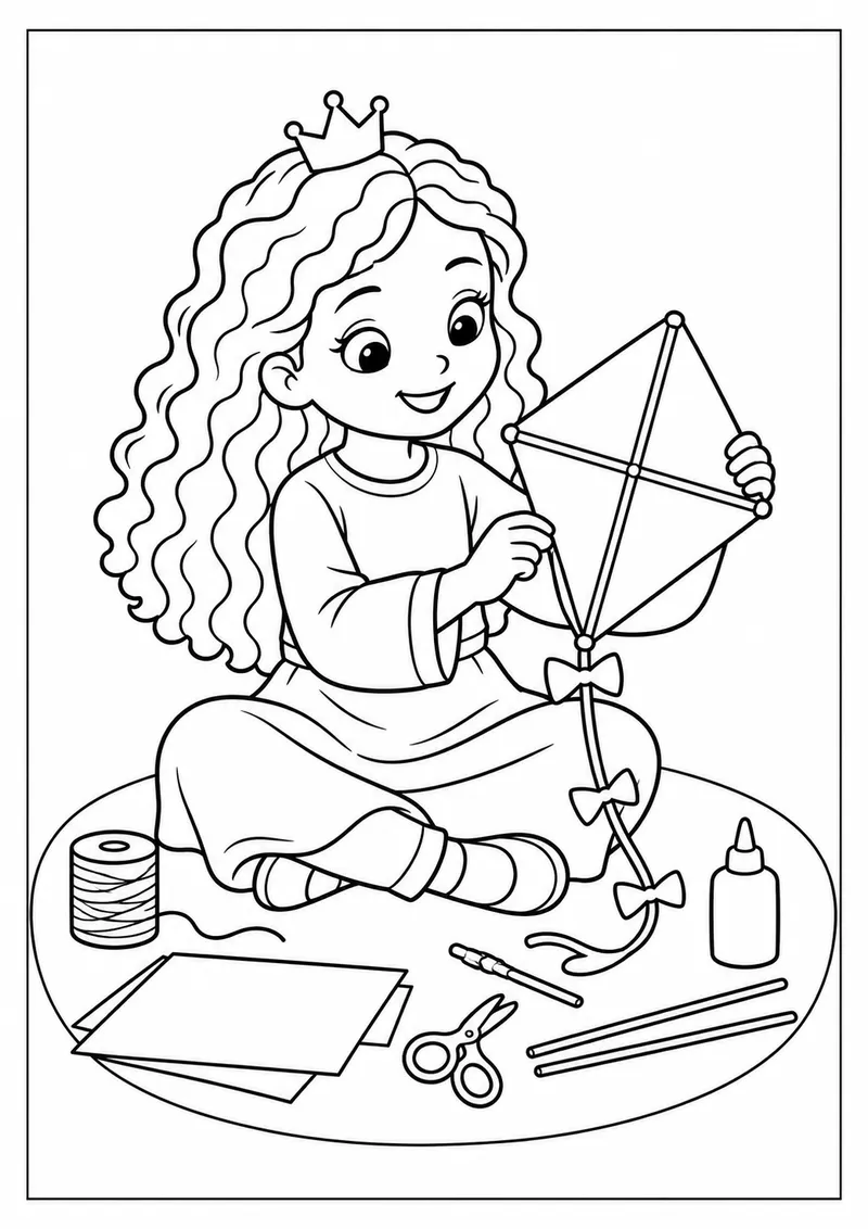 Princesa construindo uma pipa para colorir