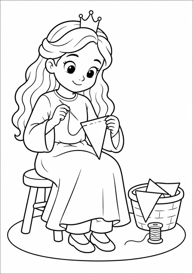 Princesa costurando uma bandeirinha para colorir