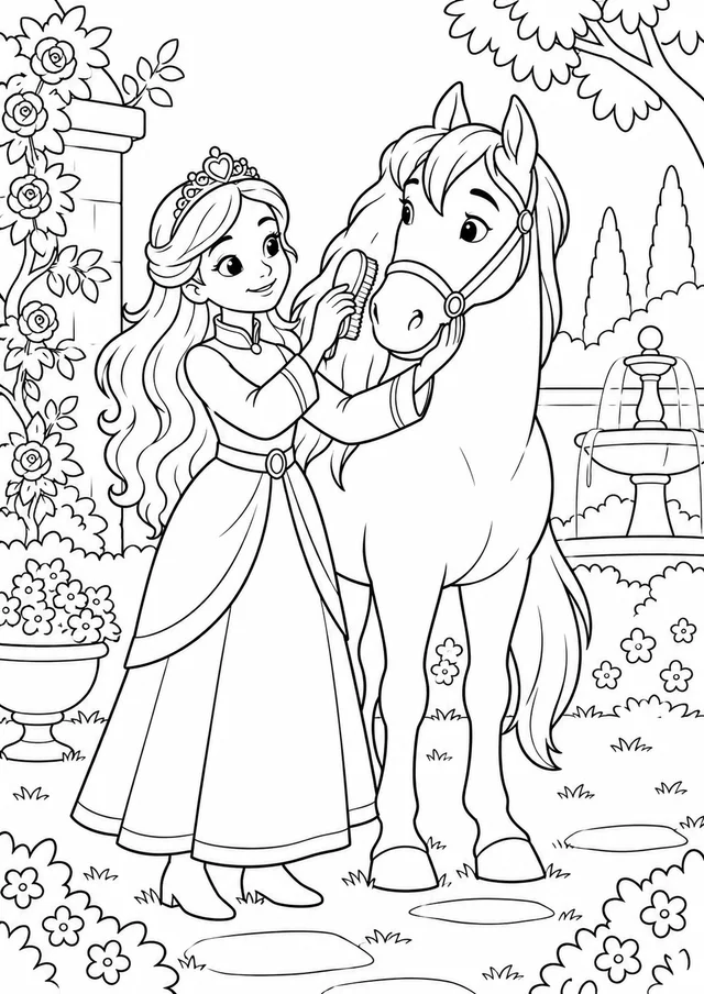 Princesa cuidando de um cavalo no jardim para colorir