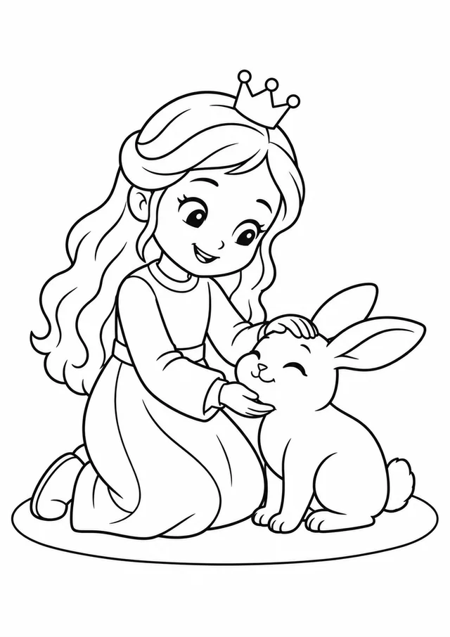 Princesa cuidando de um coelho para colorir