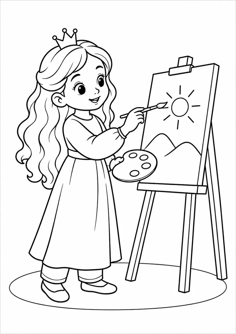 Princesa desenhando num cavalete para colorir