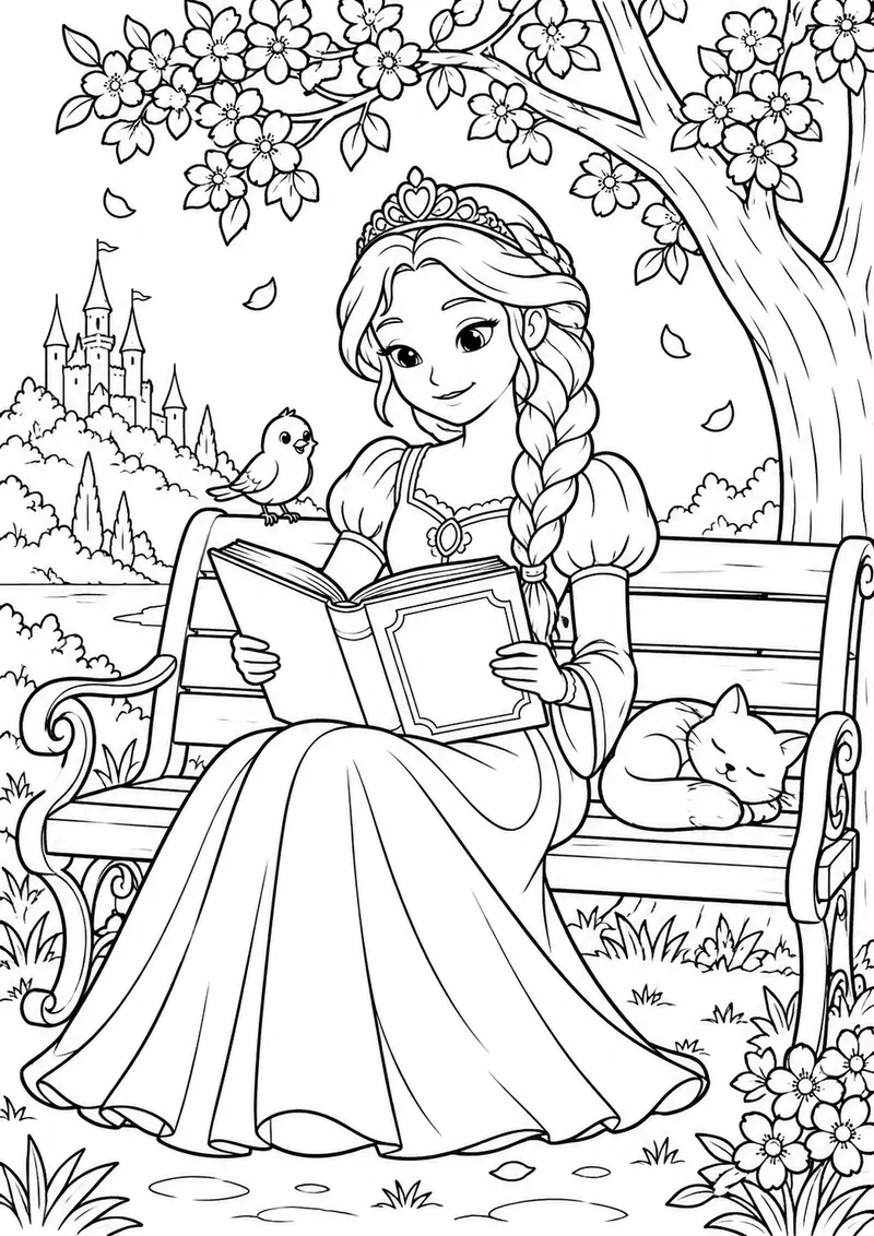 Princesa e o livro de histórias para colorir