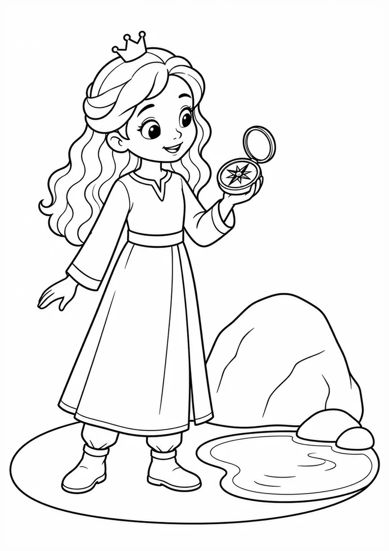 Princesa explorando com uma bússola para colorir