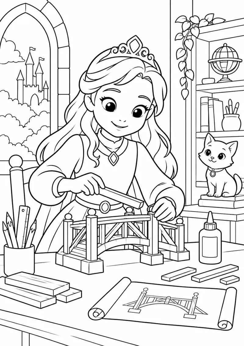 Princesa inventora construindo uma ponte em miniatura para colorir