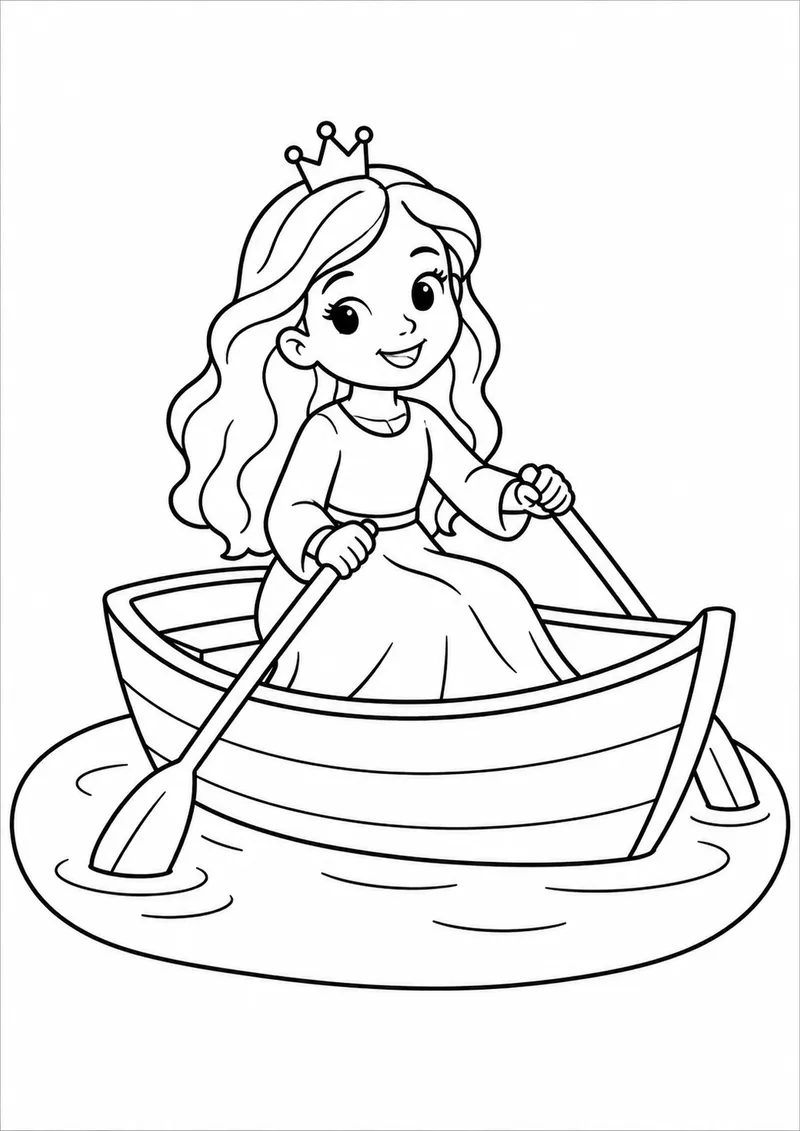 Princesa navegando num barco pequeno para colorir