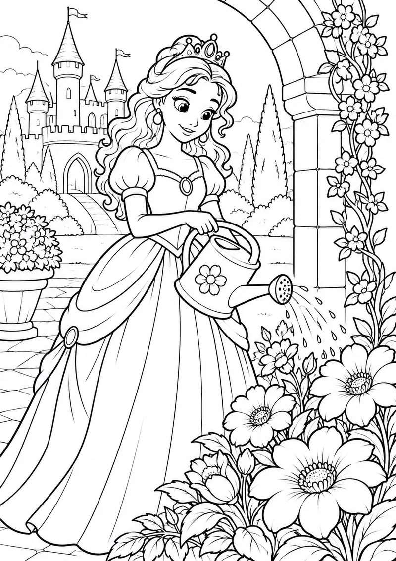 Princesa no jardim do castelo para colorir