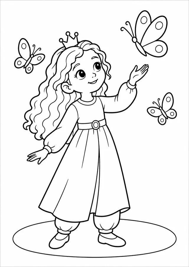 Princesa observando borboletas para colorir