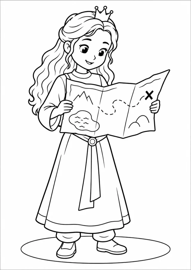 Princesa olhando um mapa aberto para colorir