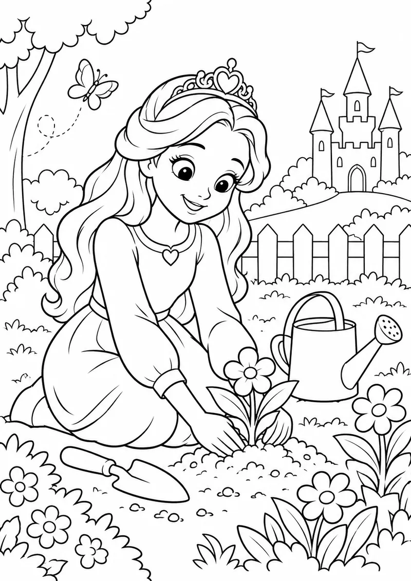 Princesa plantando flores para colorir