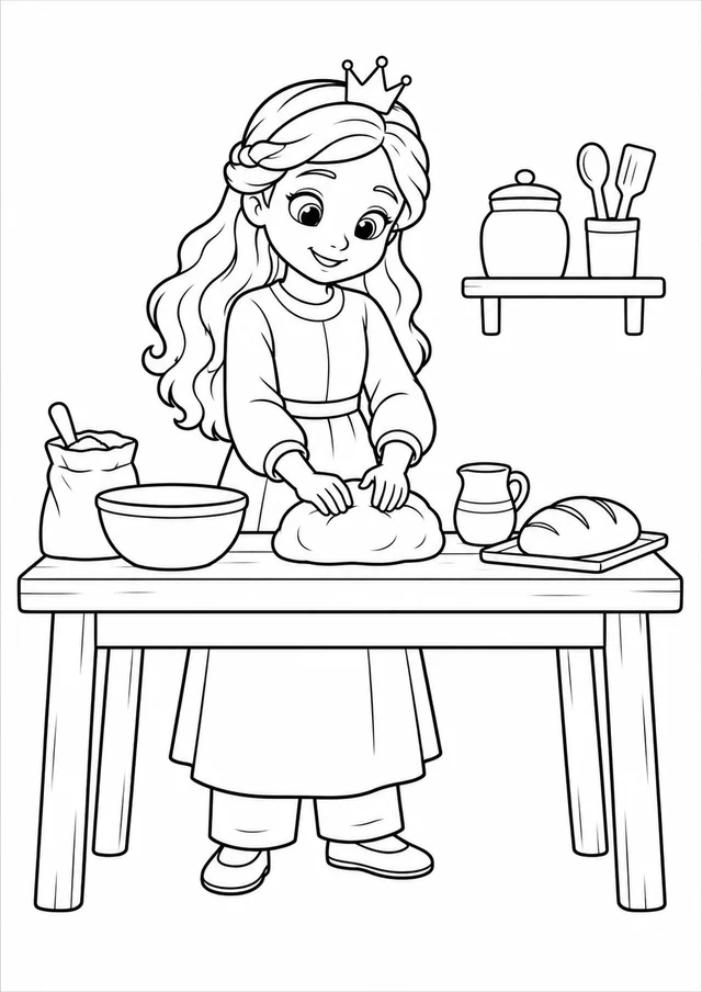 Princesa preparando pão na cozinha para colorir
