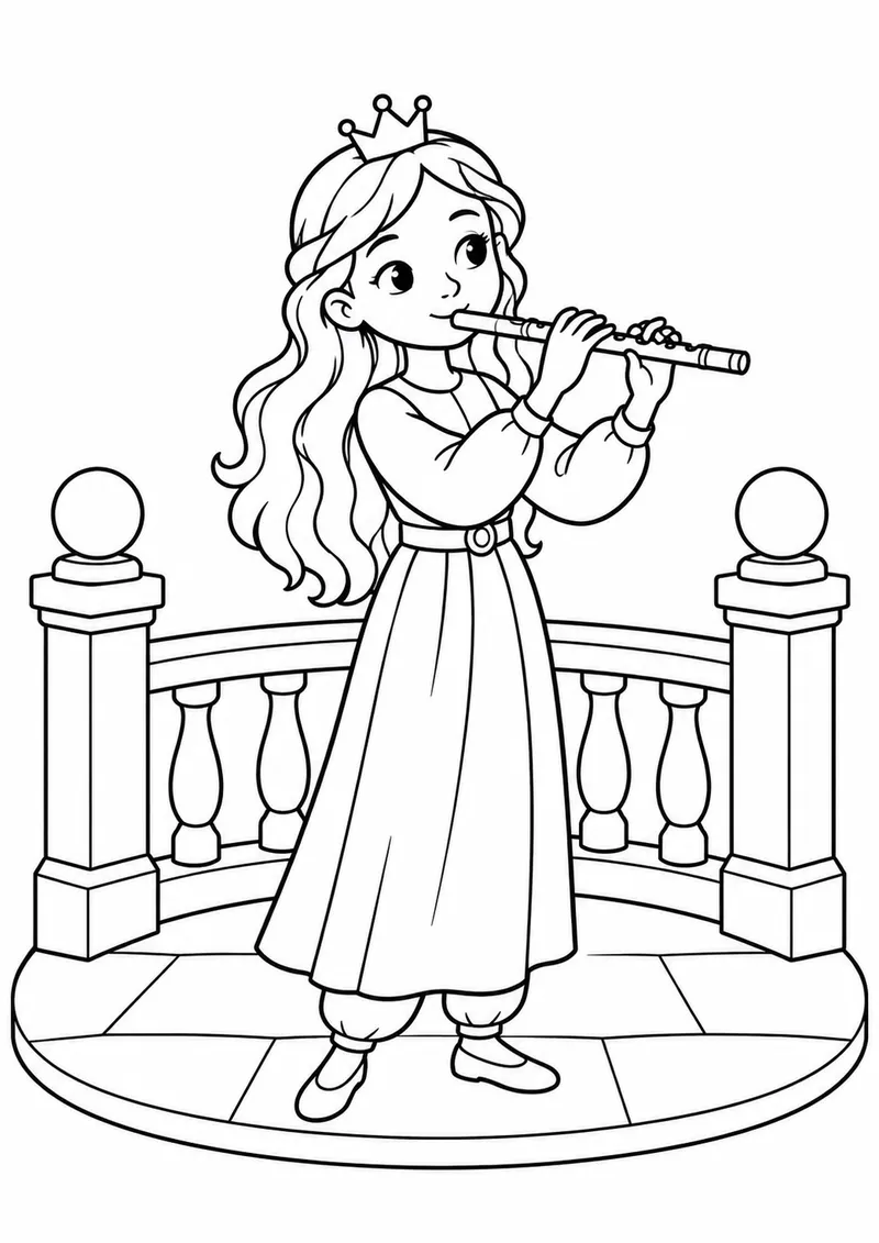 Princesa tocando flauta no terraço para colorir