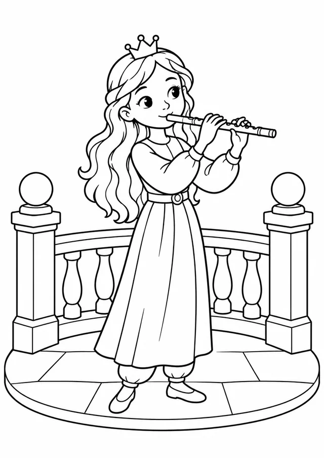 Princesa tocando flauta no terraço para colorir