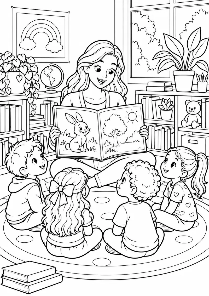 Professora contando histórias para colorir