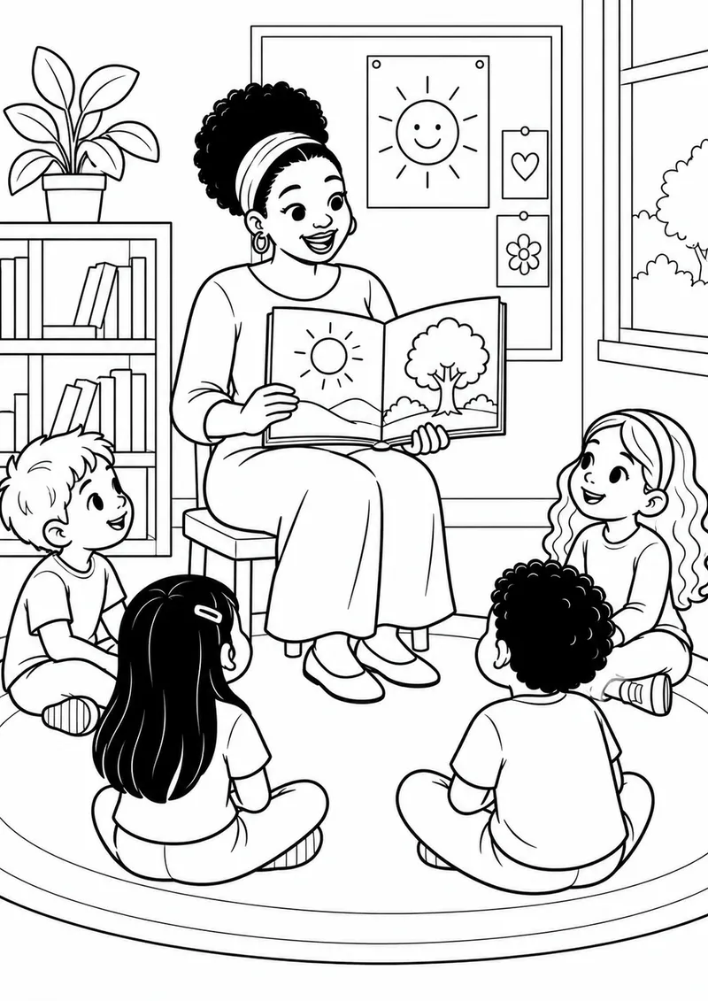 Professora negra lendo para uma turma diversa para colorir