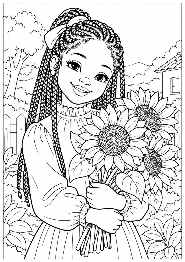 Retrato com tranças e girassóis para colorir