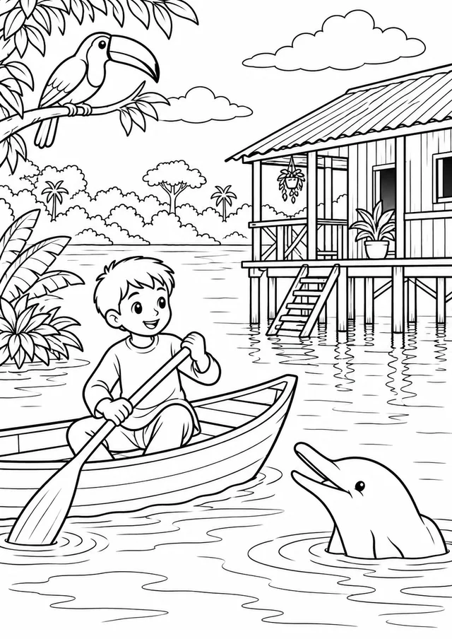 Rio amazônico com casa sobre palafitas para colorir