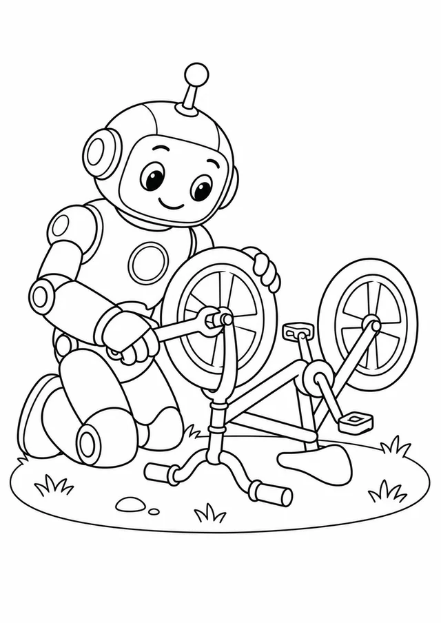 Robô consertando uma bicicleta para colorir