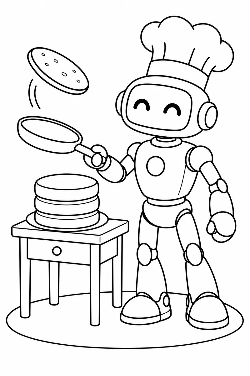 Robô cozinheiro fazendo panquecas para colorir