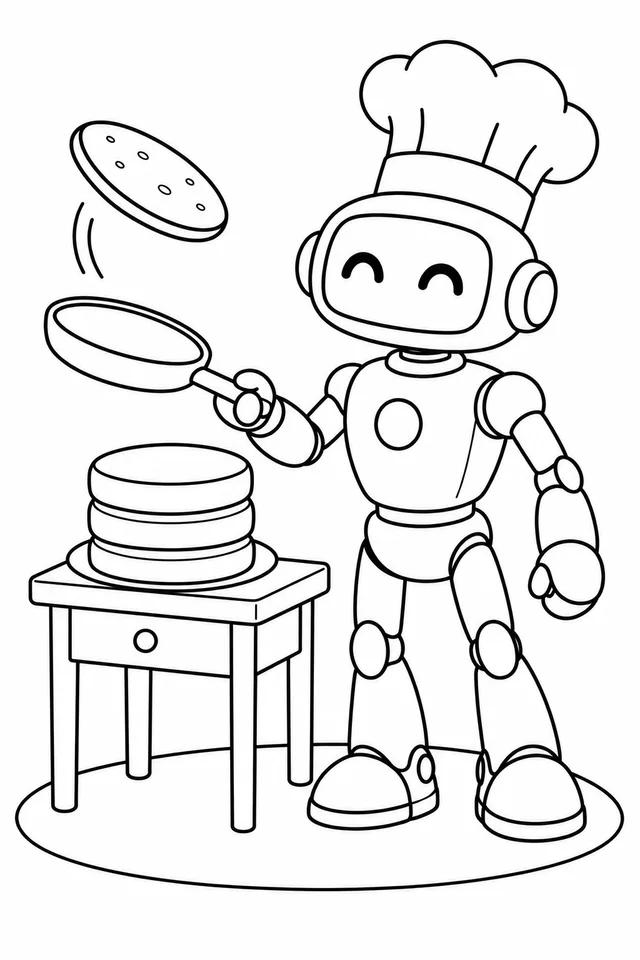 Robô cozinheiro fazendo panquecas para colorir