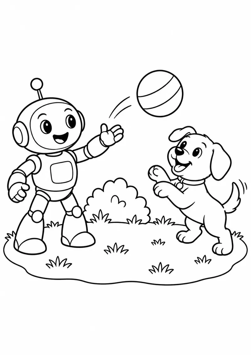 Robô e cachorrinho brincando de bola para colorir