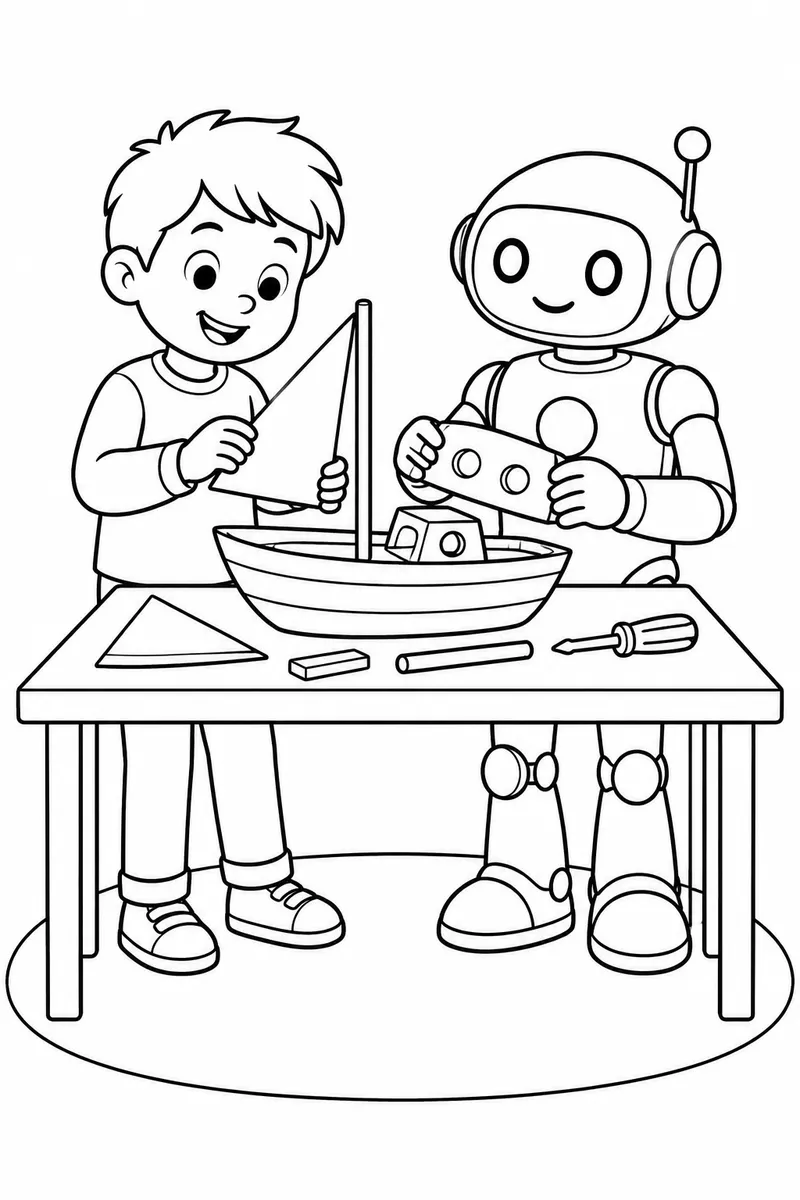 Robô e criança montando um barco de brinquedo para colorir