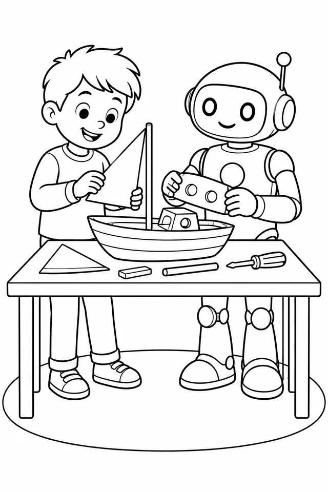 Robô e criança montando um barco de brinquedo para colorir