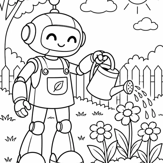 Robô original de jardinagem com regador para colorir