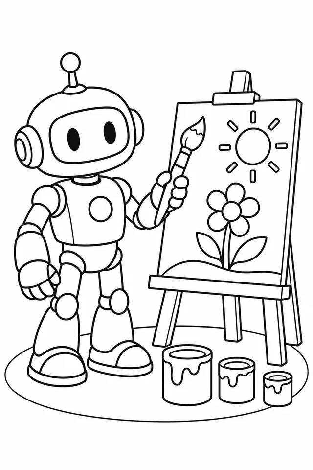 Robô pintor no cavalete para colorir