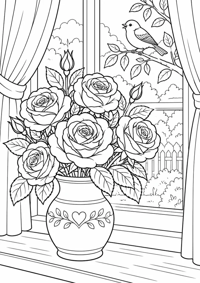 Rosas na janela para colorir