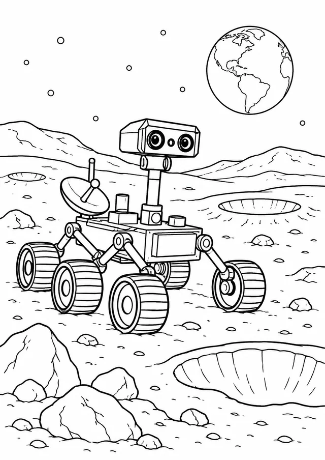 Rover explorando crateras da Lua para colorir
