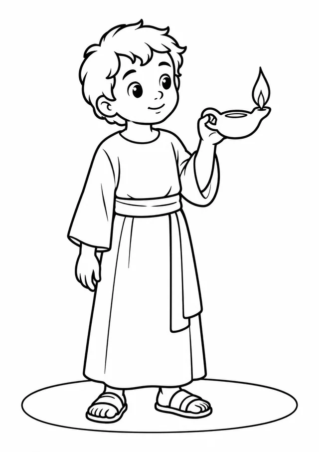Samuel menino com uma lamparina para colorir