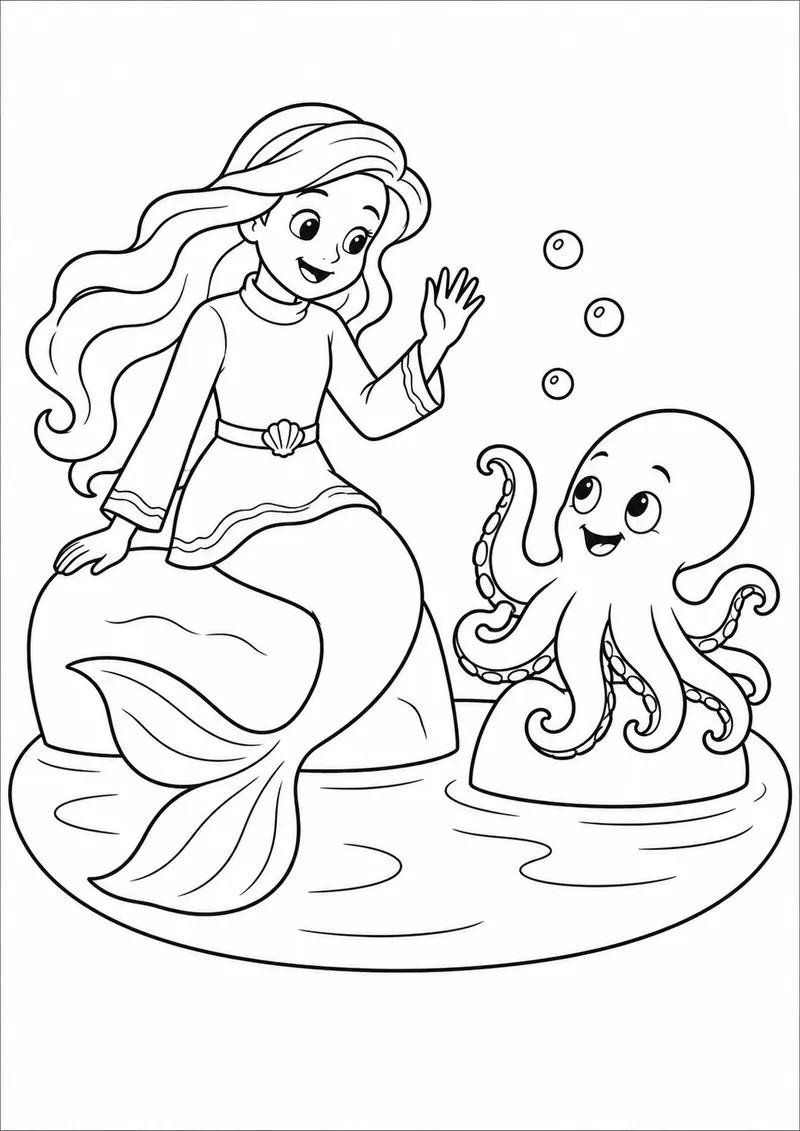 Sereia acenando para um polvo para colorir