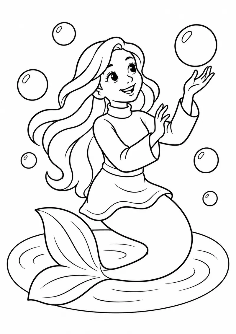 Sereia brincando com bolhas para colorir