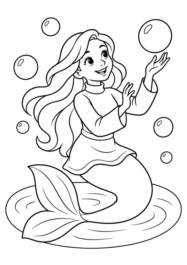 Sereia brincando com bolhas para colorir