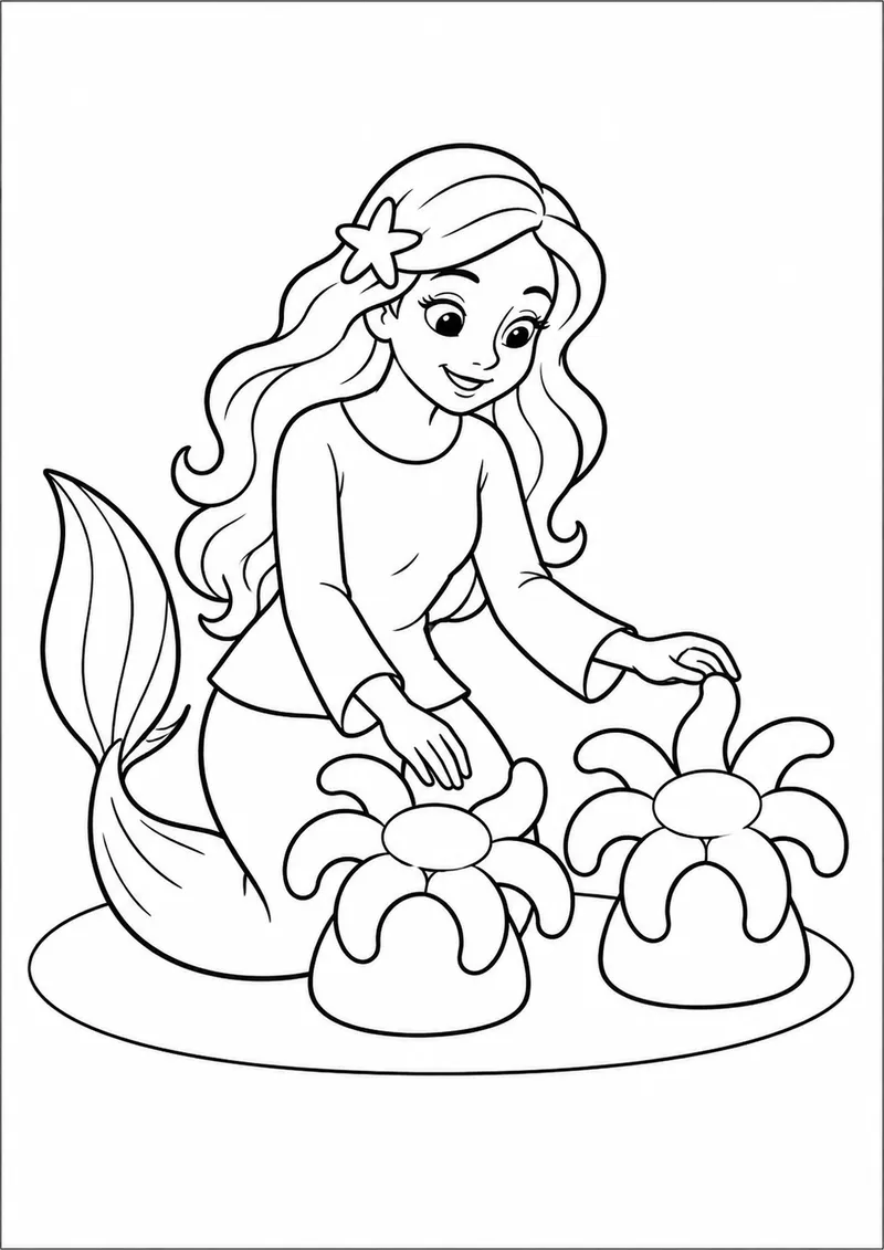Sereia cuidando de um jardim de anêmonas para colorir