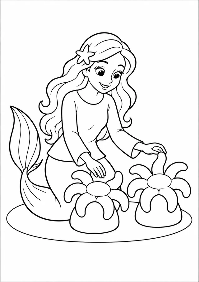 Sereia cuidando de um jardim de anêmonas para colorir